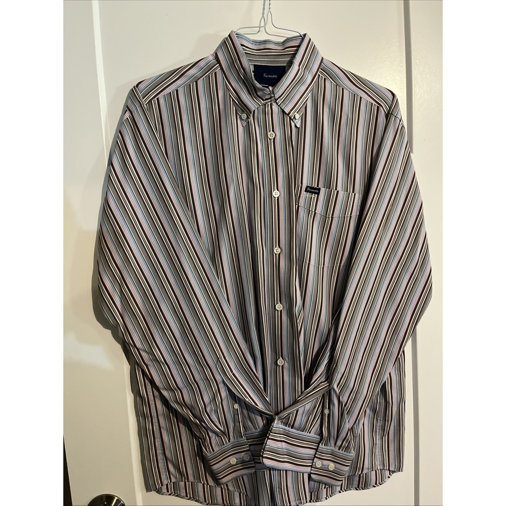 Faconnable Button Down Dress Shirt Mens Large Barcode Stripe Classique Blue Red